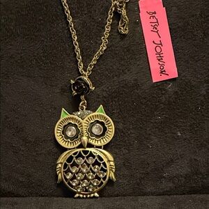 Betsey Johnson Gold Owl Necklace with Green Accents